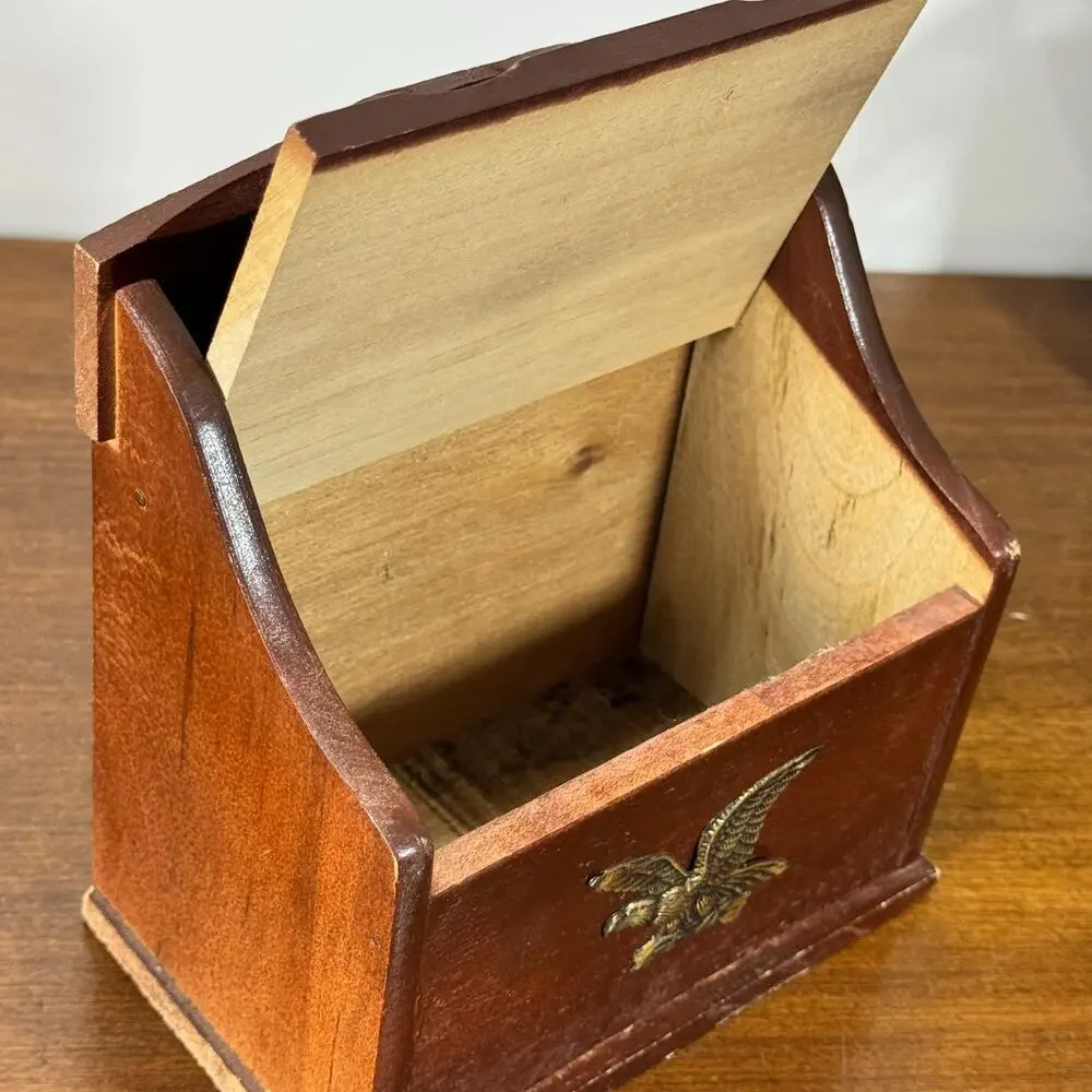 Vintage MCM Wood Recipe Box with Brass Eagle Kitchen Storage Patriotic